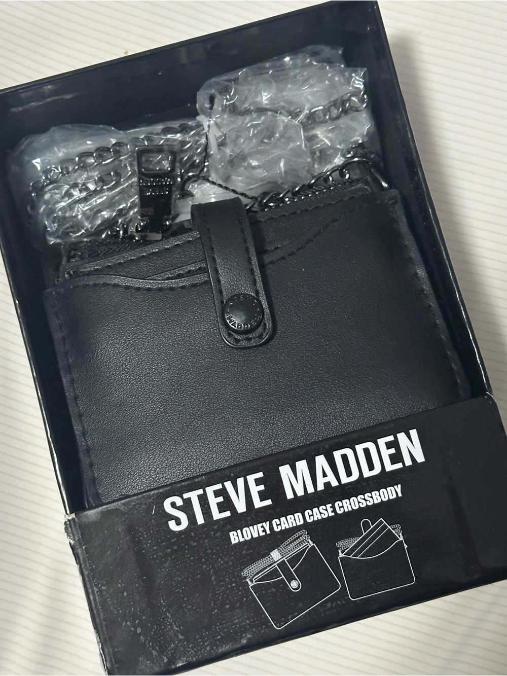 Steve Madden Black Blokey Card Case with Chain